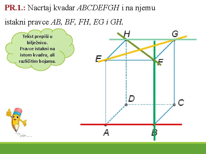 PR. 1. : Nacrtaj kvadar ABCDEFGH i na njemu istakni pravce AB, BF, FH,