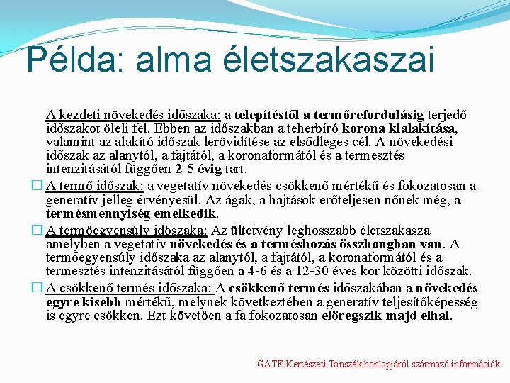 Példa: alma életszakaszai A kezdeti növekedés időszaka: a telepítéstől a termőrefordulásig terjedő időszakot öleli