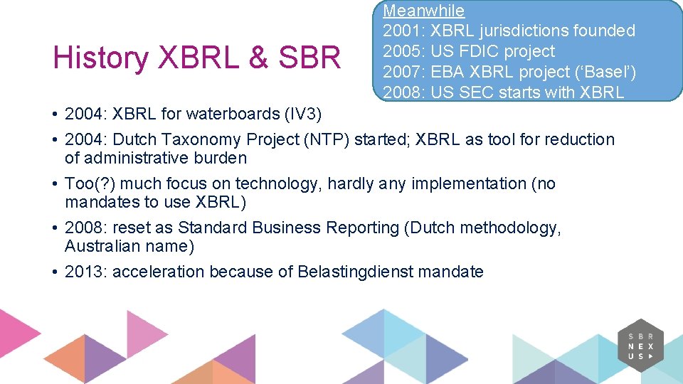 History XBRL & SBR Meanwhile 2001: XBRL jurisdictions founded 2005: US FDIC project 2007: History XBRL & SBR Meanwhile 2001: XBRL jurisdictions founded 2005: US FDIC project 2007: