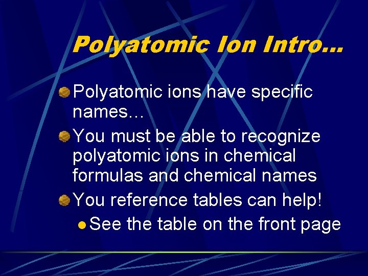 Polyatomic Ion Intro… Polyatomic ions have specific names… You must be able to recognize