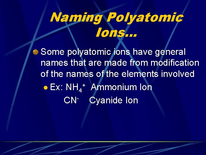 Naming Polyatomic Ions… Some polyatomic ions have general names that are made from modification