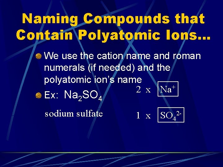Naming Compounds that Contain Polyatomic Ions… We use the cation name and roman numerals