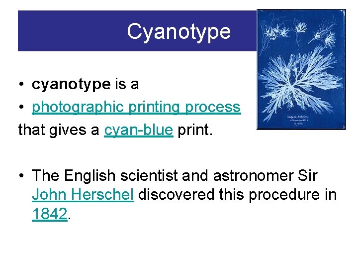 Cyanotype • cyanotype is a • photographic printing process that gives a cyan-blue print.