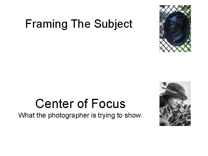 Framing The Subject Center of Focus What the photographer is trying to show. 