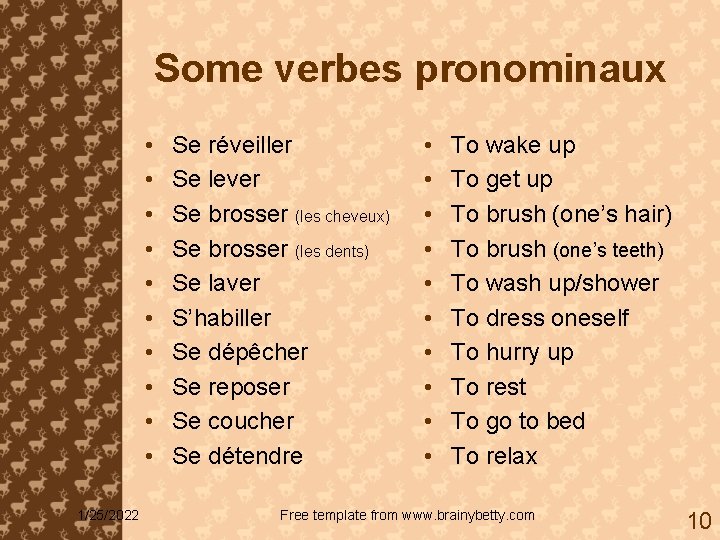 Some verbes pronominaux • • • 1/25/2022 Se réveiller Se lever Se brosser (les