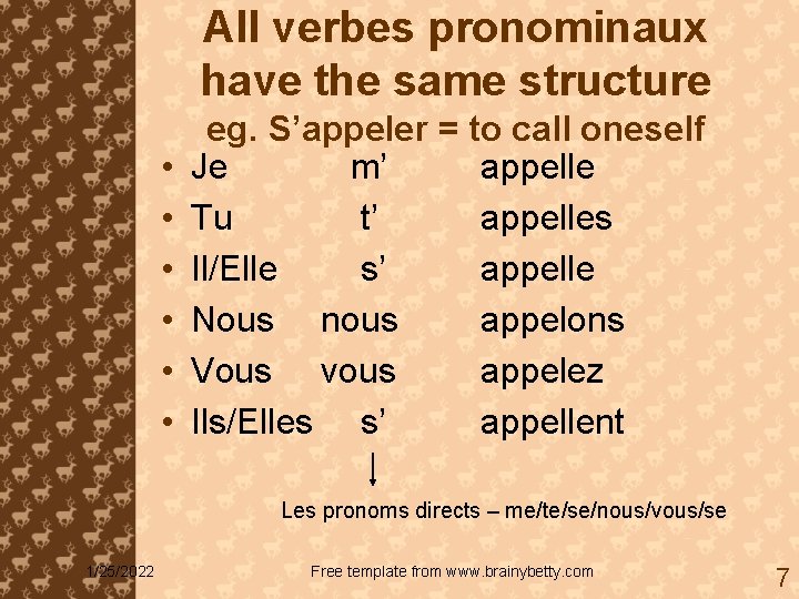 All verbes pronominaux have the same structure • • • eg. S’appeler = to