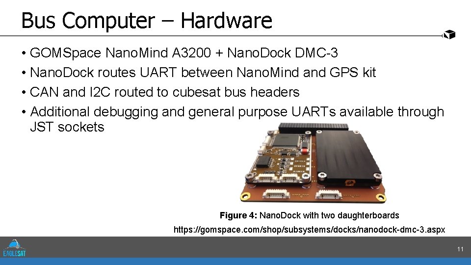 Bus Computer – Hardware • GOMSpace Nano. Mind A 3200 + Nano. Dock DMC-3