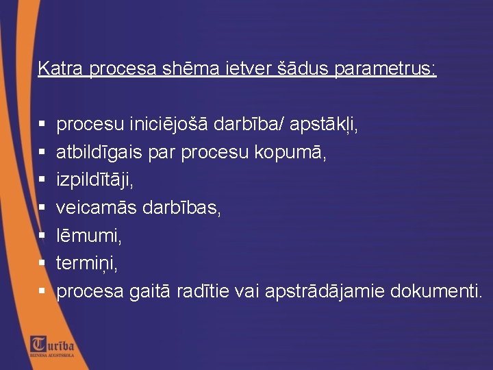 Katra procesa shēma ietver šādus parametrus: procesu iniciējošā darbība/ apstākļi, atbildīgais par procesu kopumā,
