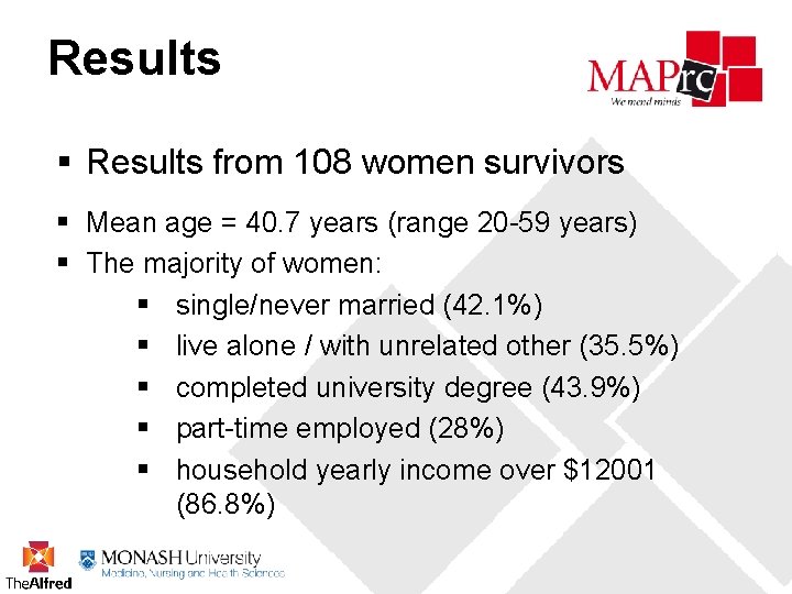 Results § Results from 108 women survivors § Mean age = 40. 7 years