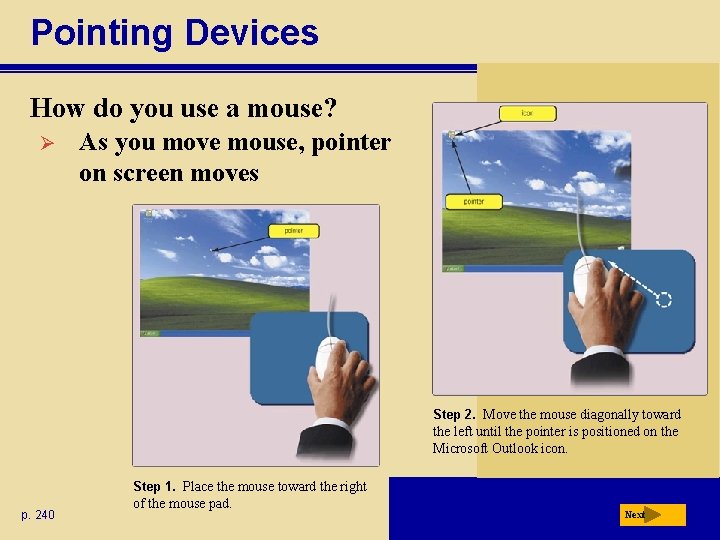 Pointing Devices How do you use a mouse? Ø As you move mouse, pointer