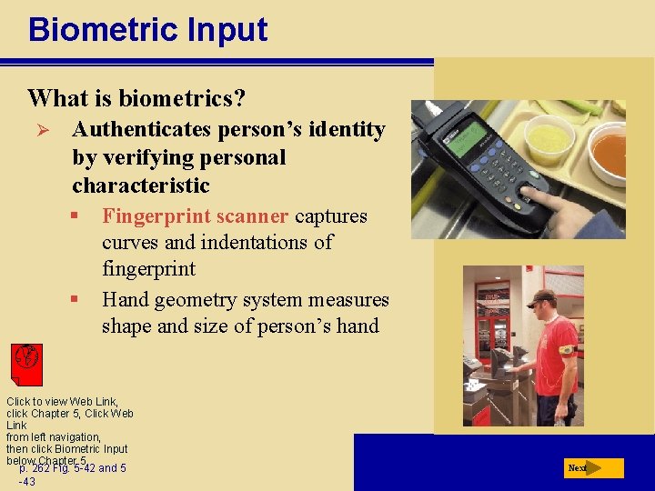 Biometric Input What is biometrics? Ø Authenticates person’s identity by verifying personal characteristic §