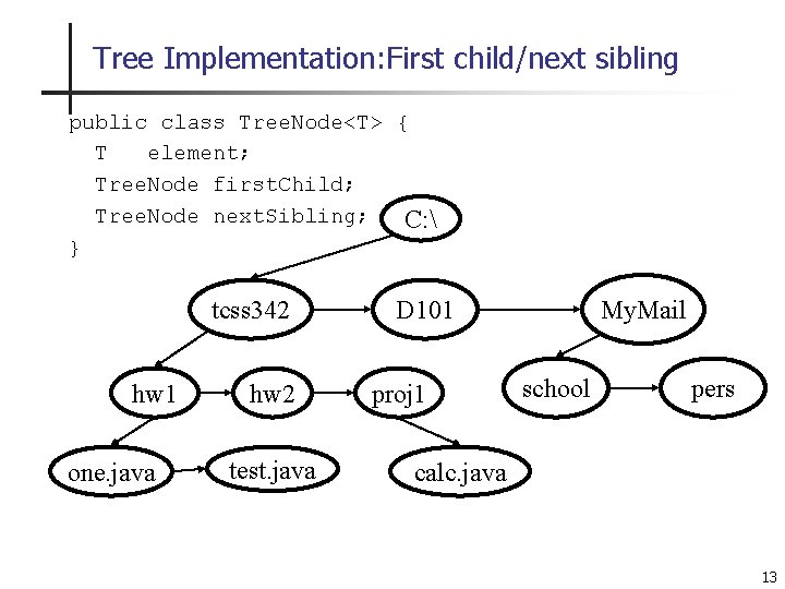 Tree Implementation: First child/next sibling public class Tree. Node<T> { T element; Tree. Node