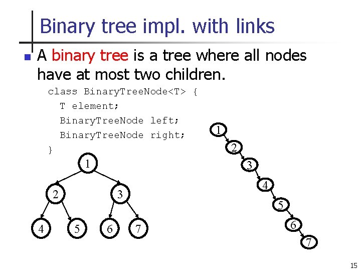 Binary tree impl. with links n A binary tree is a tree where all