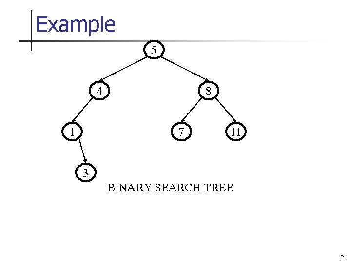 Example 5 4 1 8 7 11 3 BINARY SEARCH TREE 21 