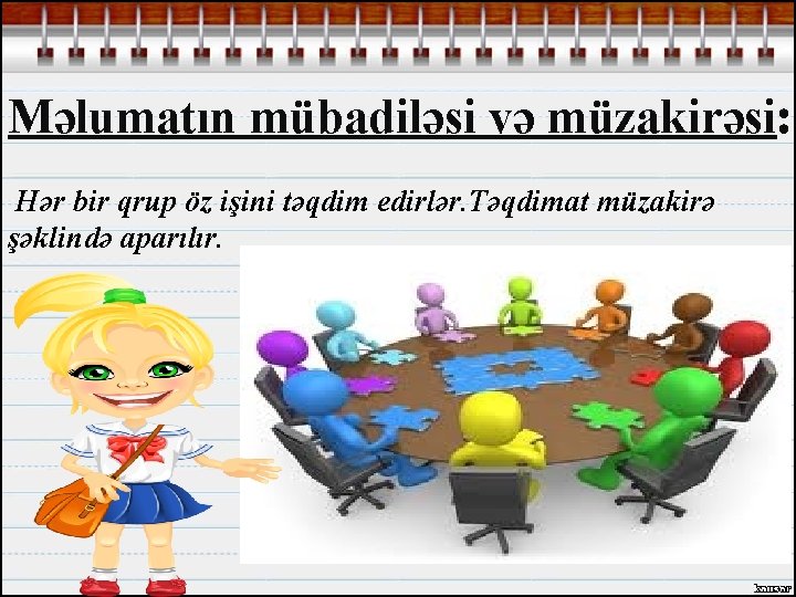 Məlumatın mübadiləsi və müzakirəsi: Hər bir qrup öz işini təqdim edirlər. Təqdimat müzakirə şəklində