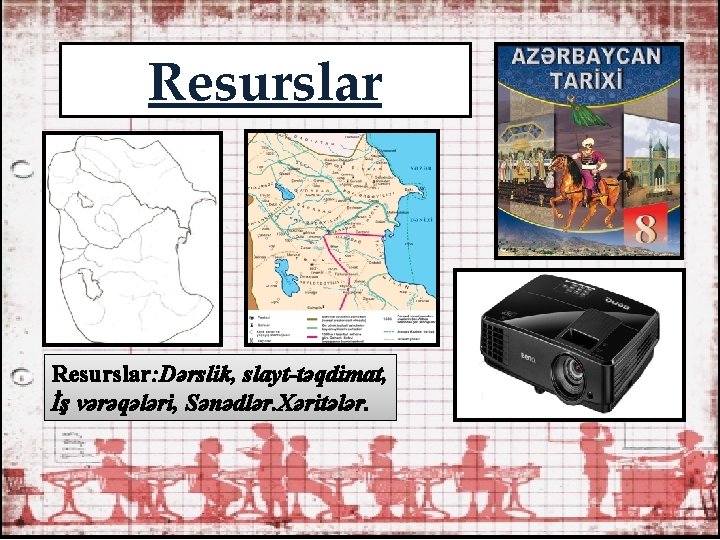 Resurslar: Dərslik, slayt-təqdimat, İş vərəqələri, Sənədlər. Xəritələr. 