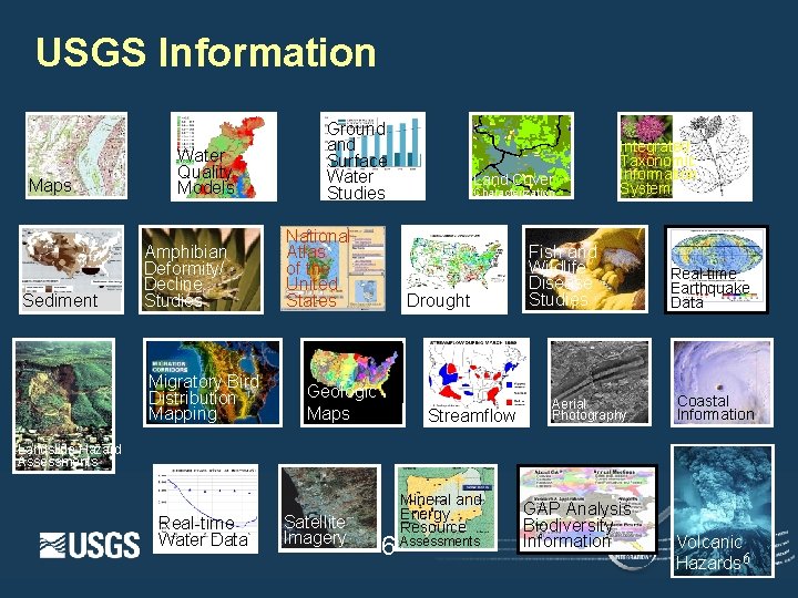 USGS Information Maps Sediment Water Quality Models Amphibian Deformity/ Decline Studies Migratory Bird Distribution