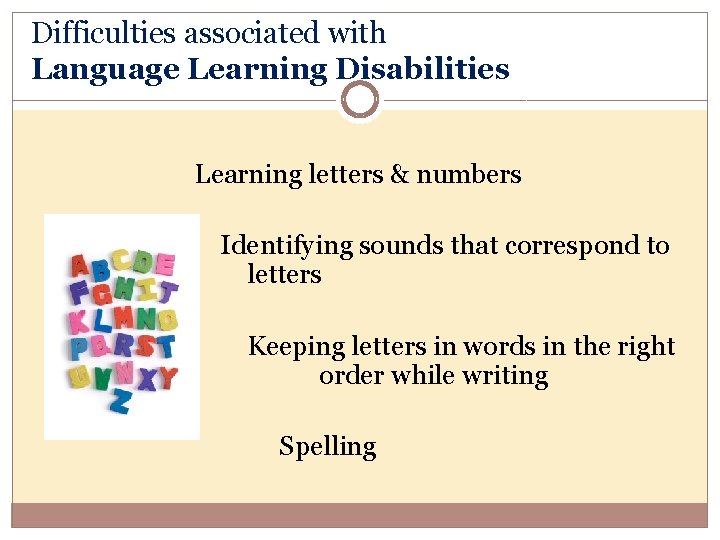 Difficulties associated with Language Learning Disabilities Learning letters & numbers the Identifying sounds that