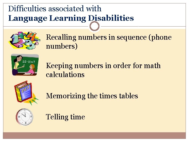 Difficulties associated with Language Learning Disabilities Recalling numbers in sequence (phone numbers) Keeping numbers