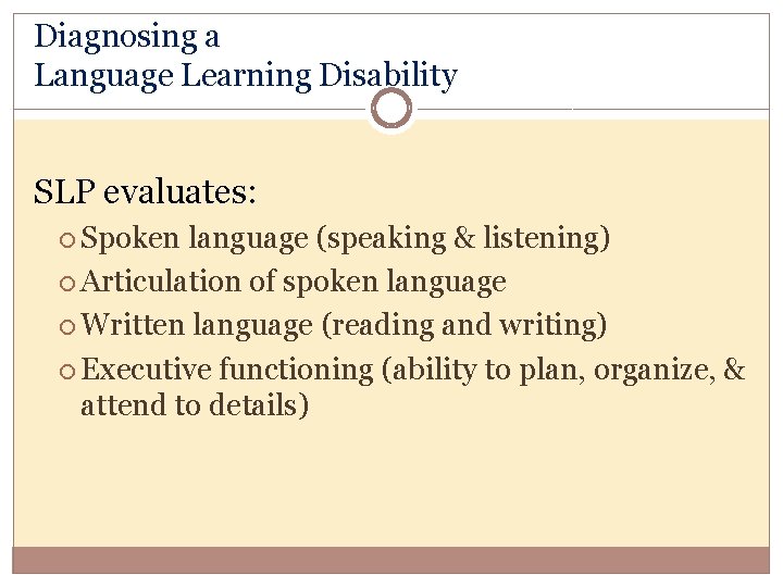 Diagnosing a Language Learning Disability SLP evaluates: Spoken language (speaking & listening) Articulation of
