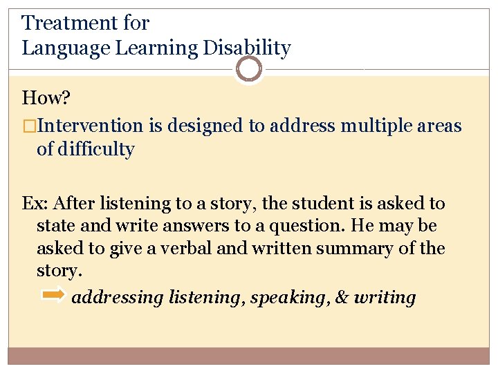 Treatment for Language Learning Disability How? �Intervention is designed to address multiple areas of