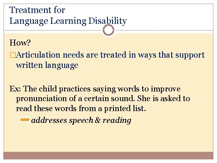 Treatment for Language Learning Disability How? �Articulation needs are treated in ways that support