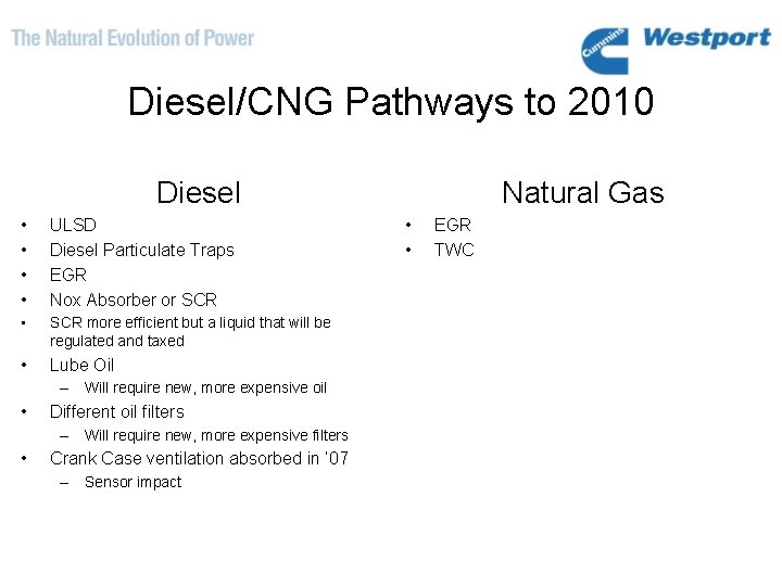 Diesel/CNG Pathways to 2010 Diesel • • ULSD Diesel Particulate Traps EGR Nox Absorber