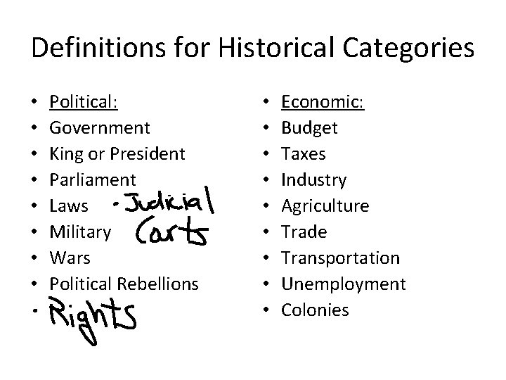 Definitions for Historical Categories • • Political: Government King or President Parliament Laws Military