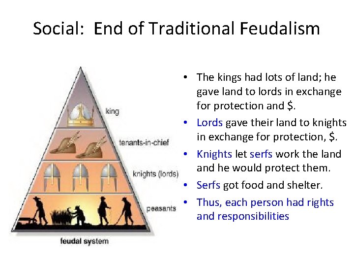 Social: End of Traditional Feudalism • The kings had lots of land; he gave