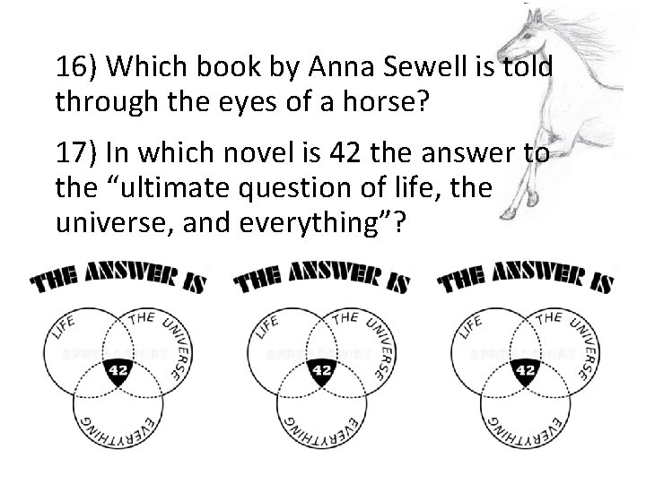 16) Which book by Anna Sewell is told through the eyes of a horse?