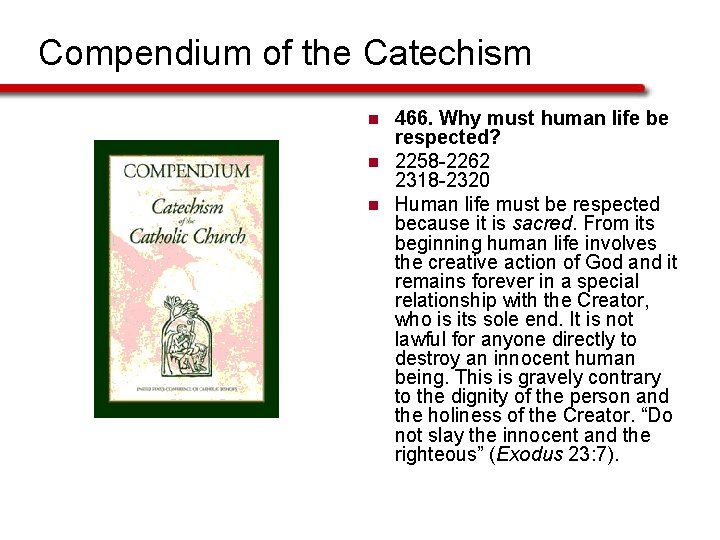Compendium of the Catechism n n n 466. Why must human life be respected?