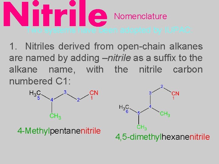 Nitrile Nomenclature Two systems have been adopted by IUPAC: 1. Nitriles derived from open-chain