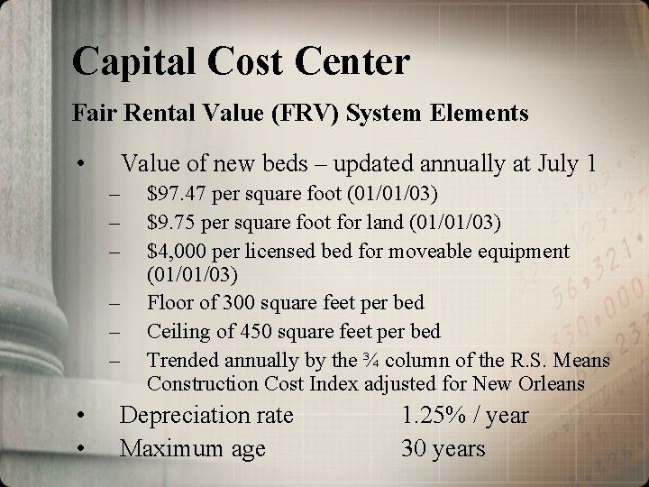 Capital Cost Center Fair Rental Value (FRV) System Elements • Value of new beds