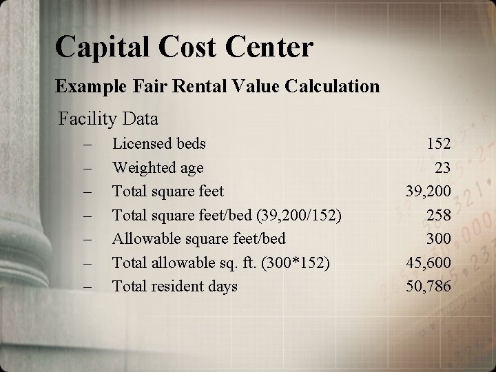 Capital Cost Center Example Fair Rental Value Calculation Facility Data – – – –