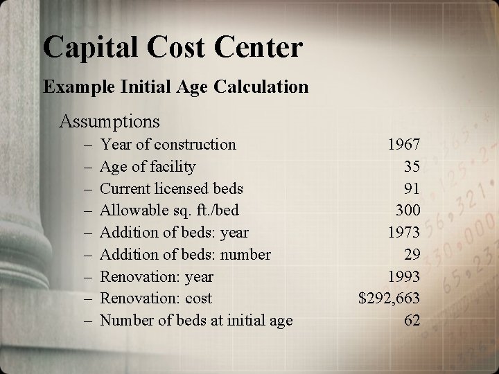 Capital Cost Center Example Initial Age Calculation Assumptions – – – – – Year