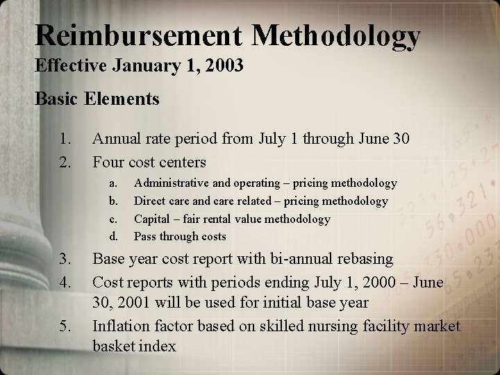 Reimbursement Methodology Effective January 1, 2003 Basic Elements 1. 2. Annual rate period from