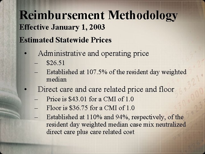 Reimbursement Methodology Effective January 1, 2003 Estimated Statewide Prices • Administrative and operating price