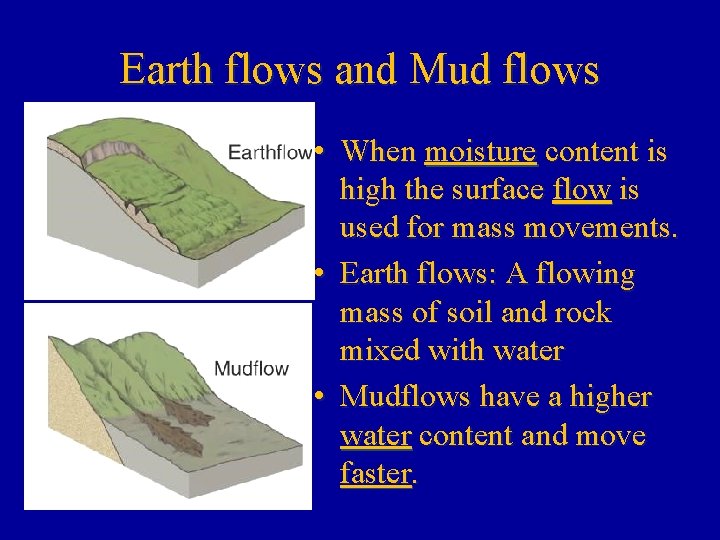 Earth flows and Mud flows • When moisture content is high the surface flow