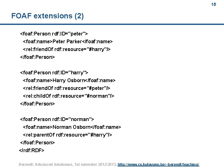 15 FOAF extensions (2) <foaf: Person rdf: ID="peter"> <foaf: name>Peter Parker</foaf: name> <rel: friend.