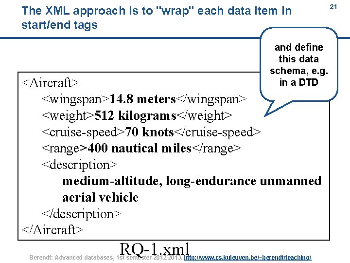 The XML approach is to "wrap" each data item in start/end tags 21 and