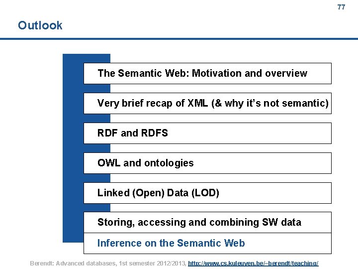 77 Outlook The Semantic Web: Motivation and overview Very brief recap of XML (&