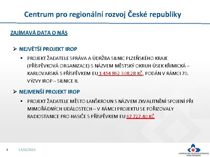 Centrum pro regionální rozvoj České republiky ZAJÍMAVÁ DATA O NÁS Ø NEJVĚTŠÍ PROJEKT IROP