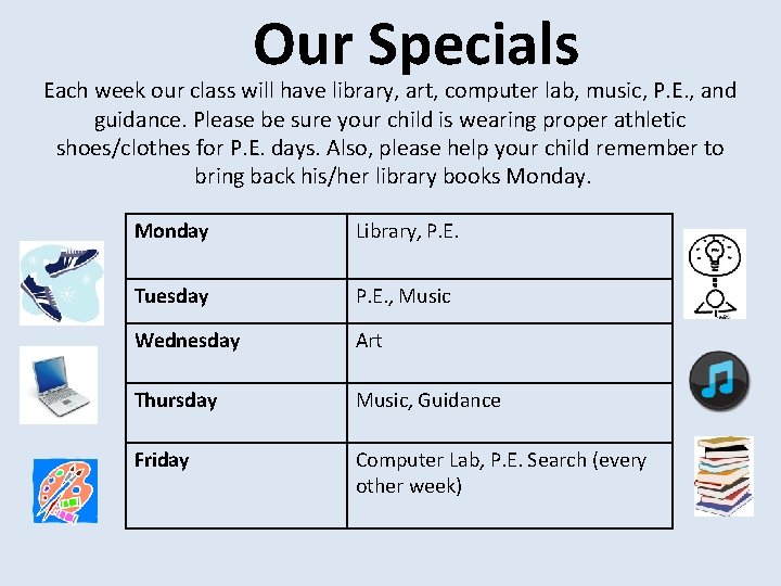 Our Specials Each week our class will have library, art, computer lab, music, P.