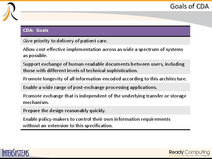 Goals of CDA: Goals Give priority to delivery of patient care. Allow cost-effective implementation