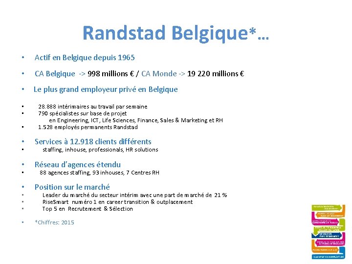 Randstad Belgique*… • Actif en Belgique depuis 1965 • CA Belgique -> 998 millions