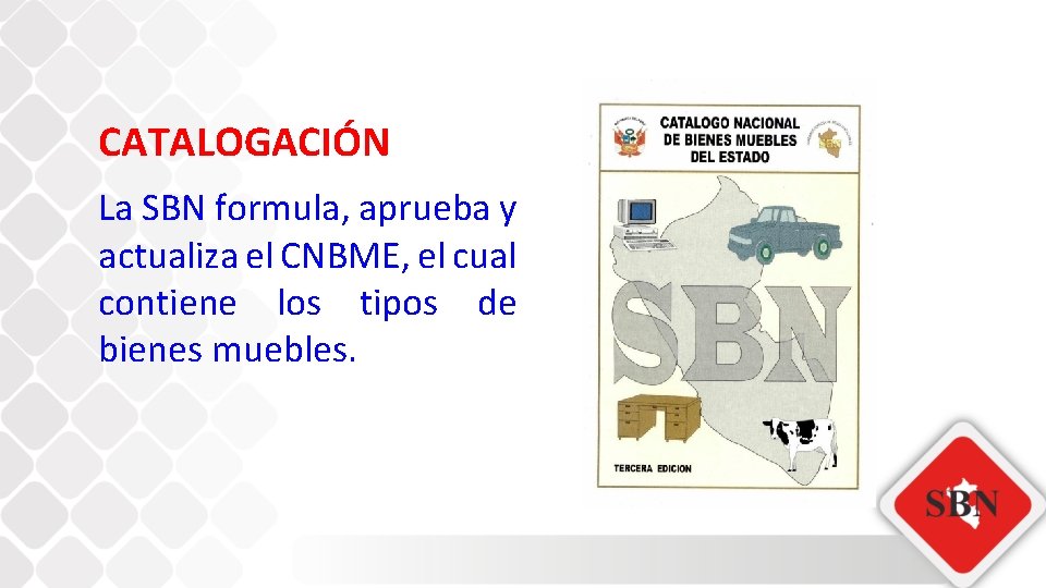 CATALOGACIÓN La SBN formula, aprueba y actualiza el CNBME, el cual contiene los tipos