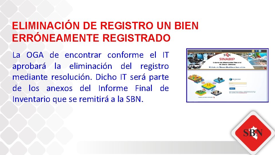 ELIMINACIÓN DE REGISTRO UN BIEN ERRÓNEAMENTE REGISTRADO La OGA de encontrar conforme el IT