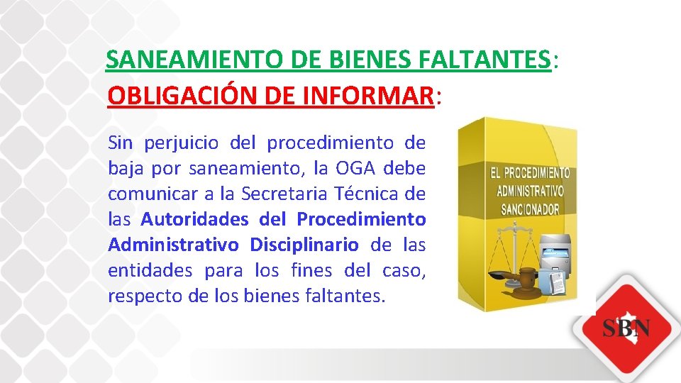 SANEAMIENTO DE BIENES FALTANTES: OBLIGACIÓN DE INFORMAR: Sin perjuicio del procedimiento de baja por