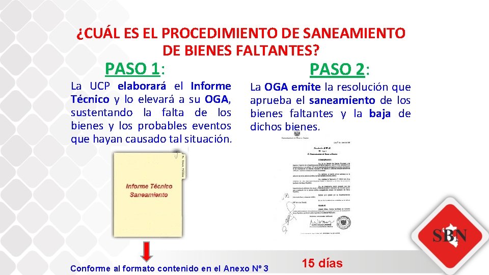 ¿CUÁL ES EL PROCEDIMIENTO DE SANEAMIENTO DE BIENES FALTANTES? PASO 1: La UCP elaborará