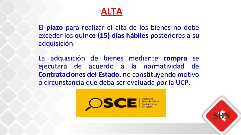 ALTA El plazo para realizar el alta de los bienes no debe exceder los